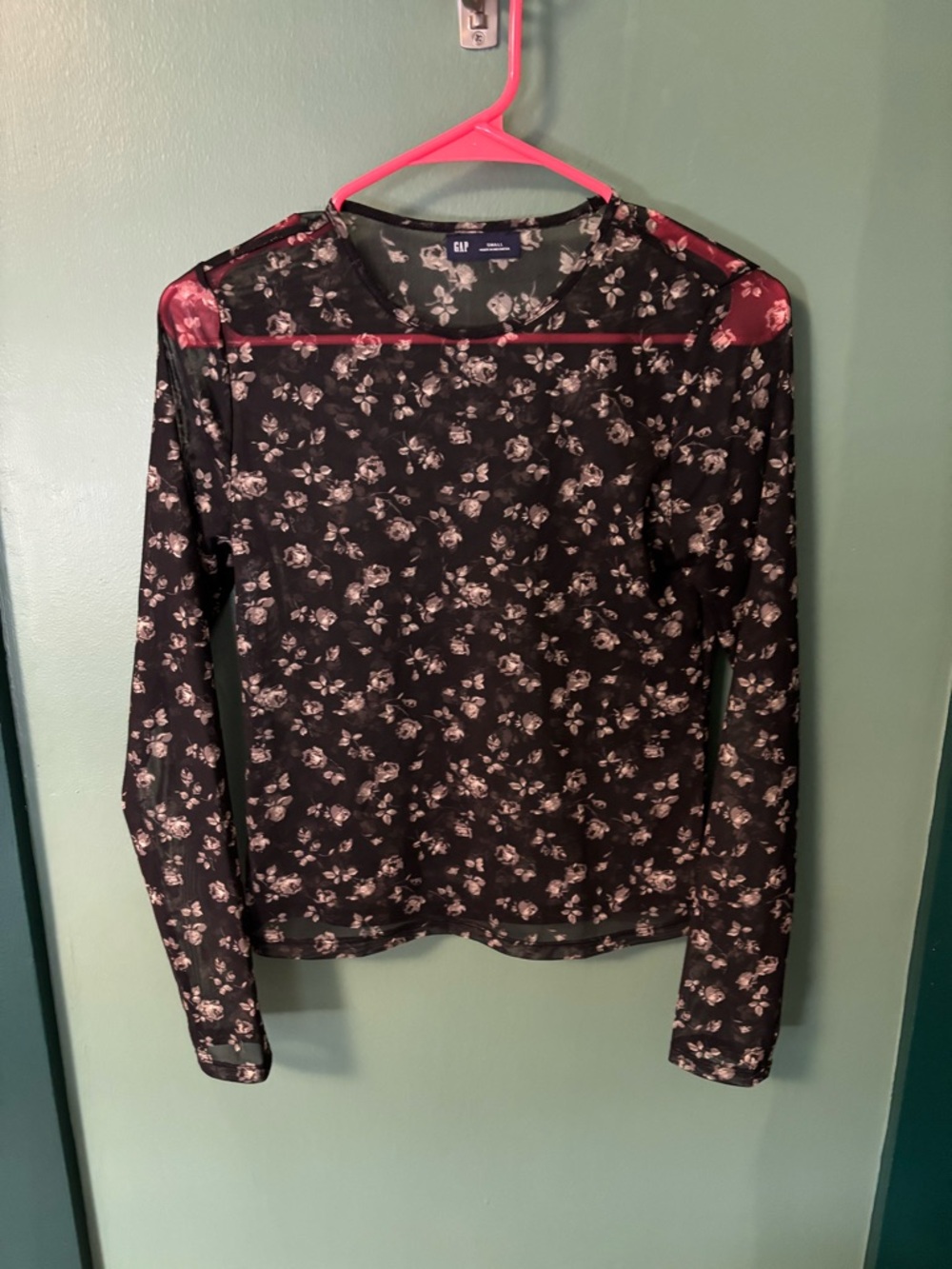 GAP Black Floral Long-Sleeve Mesh Top with Light Pink Flowers